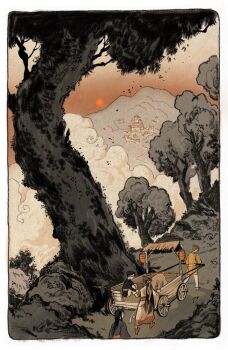 4boys above_clouds architecture black_hair black_hanfu black_shirt border brown_hair cart child chinese_clothes cloud commentary east_asian_architecture english_commentary feng_xin hair_ribbon hanfu highres hua_cheng hua_cheng_(young) lantern long_hair male_focus mountain mountainous_horizon mu_qing_(tianguan_cifu) multiple_boys nature official_art orange_sky outdoors pants paper_lantern path red_sun red_trim ribbon road rounded_corners scenery shirt short_hair sitting sky standing sunset tianguan_cifu tree tunic very_long_hair walking white_border white_hanfu white_pants white_ribbon wide_shot xie_lian yaroslava_murashko yellow_tunic