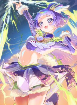 Rule 34 | 1girl, :3, :d, absurdres, arm up, blue sky, boots, commentary request, cropped shirt, dondoko (dondokojan), electricity, fang, hair ornament, hand up, highres, himitsu no aipri, idol, idol clothes, jumping, long sleeves, looking at viewer, mamiya chii, musical note, musical note print, navel, night, night sky, open mouth, outdoors, pretty series, purple boots, purple eyes, purple hair, purple shirt, purple skirt, shirt, short hair, skirt, sky, smile, solo, sparkle, stomach, straight hair, wing hair ornament