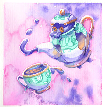 @_@ aqua_eyes border broken broken_cup colored_skin commentary cup english_commentary evolutionary_line eyelashes fleebites floating food full_body gen_8_pokemon inktober nintendo no_humans orange_eyes painting_(medium) pink_background pokemon pokemon_(creature) polteageist purple_background purple_liquid purple_skin sinistea spilling teacup teapot traditional_media watercolor_(medium) white_border