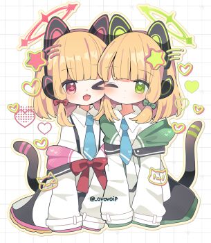 Rule 34 | > o, + +, 2girls, absurdres, animal ear headphones, animal ears, artist name, blonde hair, blue archive, blue necktie, bow, cat ear headphones, cat ears, cat tail, closed mouth, collared shirt, dot mouth, fake animal ears, fake tail, green bow, green eyes, green halo, hair bow, halo, headphones, heart, heart-shaped pupils, highres, jacket, long sleeves, looking at viewer, medium hair, midori (blue archive), momoi (blue archive), multiple girls, necktie, one eye closed, open mouth, pink halo, red bow, shirasuame shiromaru, shirt, short necktie, siblings, sisters, star (symbol), symbol-shaped pupils, tail, twins, twitter username, white jacket, white shirt