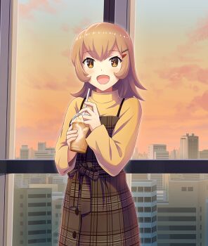 1girl :d blue_sky blush brown_dress brown_hair building buttons cityscape cloud cowboy_shot cup disposable_cup dot_nose double-parted_bangs dress drink drinking_straw game_cg gradient_sky hair_ornament hairclip holding holding_cup holding_drink indoors long_sleeves looking_at_viewer medium_hair official_art open_mouth orange_eyes orange_sky pinafore_dress plaid_clothes plaid_dress red_pupils shimoishii_chika shirt sky sleeveless sleeveless_dress smile solo spaghetti_strap third-party_source toji_no_miko toji_no_miko:_kizamishi_issen_no_tomoshibi whipped_cream window yellow_shirt