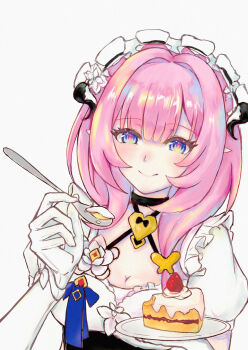 1girl absurdres an_he blue_eyes breasts butterfly_hair_ornament cake cleavage commentary_request elf elysia_(honkai_impact) elysia_(miss_pink)_(honkai_impact) elysia_(miss_pink_elf)_(honkai_impact) fake_screenshot food gloves hair_ornament highres holding holding_plate holding_spoon honkai_(series) honkai_impact_3rd incoming_food large_breasts long_hair looking_at_viewer maid maid_headdress official_alternate_costume pink_hair plate pointy_ears simple_background smile solo spoon strawberry_shortcake very_long_hair white_gloves