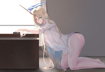 1girl ass black_panties blonde_hair blue_eyes blue_hair breasts closed_mouth colored_inner_hair commentary_request crown_of_thorns fleurdelys_(wuthering_waves) from_side highres horns huge_breasts kneeling large_breasts long_hair multicolored_hair no_bra panties parted_bangs pointy_ears see-through_clothes see-through_shirt shirt single_horn smile solo thighs underwear very_long_hair white_shirt wuthering_waves yellow_horns zing_(zingart)