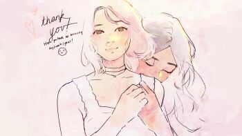 2girls angela_he bob_cut brown_eyes closed_eyes english_text freckles hand_on_own_chest highres hug hug_from_behind jewelry long_hair missed_messages multiple_girls necklace non-web_source official_art partially_colored short_hair smile thank_you upper_body yuri