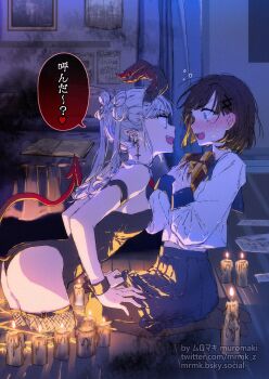 2girls armlet black_leotard black_nails black_pantyhose blue_eyes blue_sailor_collar blue_skirt blush brown_hair candle check_translation commentary_request demon_girl demon_horns demon_tail ear_piercing earrings fang hair_ornament highres horns indoors jewelry leotard long_hair magic_circle multiple_girls muromaki no_shoes open_mouth original pantyhose piercing pleated_skirt pointy_ears sailor_collar school_uniform serafuku shirt skirt summoning sweatdrop tail thighhighs translation_request white_hair white_shirt x_hair_ornament yuri