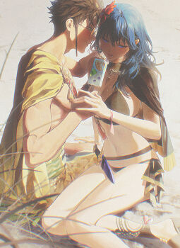 1boy 1girl absurdres bare_legs bikini black_bikini blue_eyes blue_hair breasts cape claude_von_riegan claude_von_riegan_(summer) cleavage couple dark-skinned_male dark_skin female_byleth_(fire_emblem) female_byleth_(summer)_(fire_emblem) fire_emblem fire_emblem:_three_houses fire_emblem_heroes hetero highres holding_hands large_breasts navel nintendo official_alternate_costume open_mouth round_eyewear sideboob sitting stomach sunglasses swimsuit thighs topless_male yellow_cape zhihaiwusheng