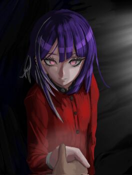 Rule 34 | 1boy, commentary request, dark background, highres, holding hands, looking at viewer, multicolored hair, piercing, purple eyes, purple hair, red shirt, school uniform, shirt, the hundred line -last defense academy-, tsukumo ima, user svaw2754