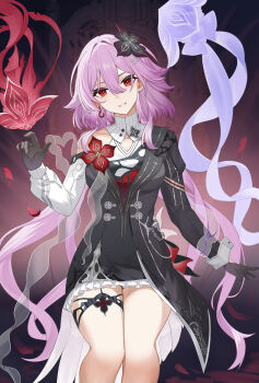 1girl absurdres black_dress black_gloves breasts dress earrings evernight_(honkai:_star_rail) evey_(honkai:_star_rail) flower gloves hair_flower hair_ornament highres honkai:_star_rail honkai_(series) jellyfish jewelry lao_xi long_hair looking_at_viewer march_7th_(honkai:_star_rail) medium_breasts pink_hair red_eyes smile thigh_strap thighs very_long_hair