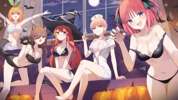 5girls :q absurdres animal_costume animal_ears arm_support bandages bikini black_bikini black_hat black_nails blue_eyes blush breasts brown_hair butterfly_hair_ornament chest_sarashi claw_pose cleavage closed_mouth collarbone commentary couch crossed_legs decorations demon_tail dress fang full_moon fur_bikini go-toubun_no_hanayome green_ribbon hair_between_eyes hair_ornament hair_ribbon hat highres holding holding_syringe long_hair looking_at_viewer low_wings medium_breasts medium_hair mini_wings moon multiple_girls mummy_costume nakano_ichika nakano_itsuki nakano_miku nakano_nino nakano_yotsuba naked_bandage navel night no_bra nurse nurse_cap off-shoulder_bikini off_shoulder on_couch open_mouth orange_hair outstretched_arms pink_hair plunging_neckline profnote pumpkin quintuplets red_eyes ribbon sarashi short_hair short_sleeves siblings side-tie_bikini_bottom sisters sitting smile spread_arms star_(symbol) star_hair_ornament stomach swimsuit syringe tail tongue tongue_out two_side_up underboob white_dress white_footwear window wings witch_hat wolf_costume wolf_ears wolf_tail