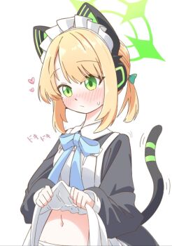1girl :/ animal_ear_headphones animal_ears apron black_dress black_tail blonde_hair blue_archive blue_bow blue_bowtie blush borrowed_clothes bow bowtie cat_ear_headphones cat_ears cat_tail closed_mouth clothes_lift collared_dress commentary_request contrast_collar dress dress_lift fake_animal_ears fake_tail green_bow green_halo hair_bow halo headphones heart highres lifting_own_clothes long_sleeves maid maid_apron maid_headdress midori_(blue_archive) midori_(maid)_(blue_archive) navel nose_blush official_alternate_costume official_alternate_hairstyle out-of-frame_censoring panties parted_bangs ponytail puffy_long_sleeves puffy_sleeves reiremi short_hair short_ponytail sidelocks simple_background solo sweatdrop tail tail_raised underwear upper_body white_apron white_background white_headdress white_panties