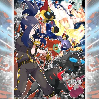 1girl artist_name backflip black_pants black_shirt blue_hair closed_mouth commentary company_name copyright_notice dendra_(pokemon) english_commentary falinks fingerless_gloves from_side gen_3_pokemon gen_6_pokemon gen_8_pokemon gloves hariyama hawlucha holding holding_poke_ball horns instagram_username long_hair long_sleeves medicham merchandise_available nintendo official_style open_mouth outline paldean_tauros paldean_tauros_(aqua_breed) paldean_tauros_(blaze_breed) pants poke_ball pokemon pokemon_(creature) pokemon_sv ponytail red_eyes shirt smile terastallization tom_higgins ultra_ball watermark white_outline yellow_gloves