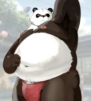 1boy animal_ears arm_up armpits bare_pectorals belly biceps black_fur bulge closed_mouth commentary english_commentary fat fat_man furry furry_male hand_on_own_stomach highres male_focus male_underwear multicolored_fur navel nipples pan_yinhu panda_boy panda_ears pectorals red_male_underwear round_eyewear topless_male underwear white_fur yeminthura29985 zenless_zone_zero