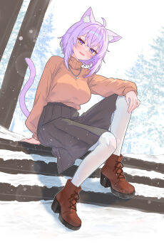 1girl absurdres ahoge animal_ears black_skirt boots breasts brown_boots brown_sweater cat_ears cat_girl full_body highres hololive jewelry large_breasts nekomata_okayu outdoors pendant pleated_skirt purple_eyes purple_hair purple_tail short_hair sitting skirt snow solo sweater virtual_youtuber warg_game