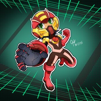 Rule 34 | 1boy, bodysuit, boots, brown bodysuit, chibi, chineseninja, clenched hand, commentary, commentary request, dated, english commentary, full body, green eyes, helmet, male focus, mega man (series), mega man battle network (series), mega man battle network 2, megaman.exe, outline, outstretched arm, red boots, signature, solo, white outline