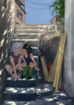 2boys black_hair gon_freecss hunter_x_hunter killua_zoldyck kiss male_focus multiple_boys odenkong outdoors shirt short_hair shorts shota sitting sleeveless sleeveless_shirt spiked_hair white_hair yaoi