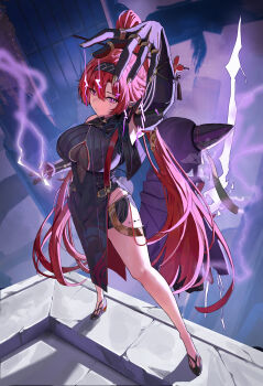 1girl 6o absurdres bare_shoulders black_hairband breasts bright_pupils earrings elbow_gloves gloves hair_between_eyes hair_ornament hairband hairpin high_ponytail highres holding holding_lightning_bolt holding_string jewelry large_breasts long_hair looking_at_viewer pointy_ears ponytail purple_eyes red_hair smile solo standing string tacet_mark_(wuthering_waves) very_long_hair white_pupils wuthering_waves yinlin_(wuthering_waves) zapstring_(wuthering_waves)