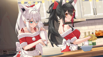 2girls alternate_costume alternate_hairstyle animal_ear_fluff animal_ears apron aqua_eyes black_hair bowl cake closed_mouth commentary_request cooking dress food fox_ears fox_girl fur-trimmed_dress fur_trim hair_ornament hairpin hololive long_hair looking_at_viewer multiple_girls ookami_mio pom_pom_(clothes) ponytail red_dress red_streaks santa_costume santa_dress shirakami_fubuki smile ta_shiuji30 turkey_(food) very_long_hair virtual_youtuber white_apron white_hair wolf_ears wolf_girl yellow_eyes