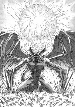 913kousatu absurdres claws commentary_request dark_souls_(series) dark_souls_iii demon_prince_(dark_souls) fire full_body greyscale highres monochrome monster no_humans pyrokinesis solo