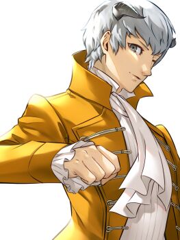 Rule 34 | 1boy, brown jacket, closed mouth, commentary, frilled sleeves, frills, grey background, grey eyes, grey hair, grey horns, horns, jacket, long sleeves, male focus, metaphor: refantazio, one eye closed, open clothes, open jacket, scarf, shirt, short hair, simple background, smile, solo, strohl (metaphor: refantazio), wanderstillart, white scarf, white shirt