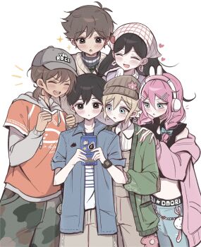 Rule 34 | 2girls, 4boys, alternate eye color, alternate hairstyle, animal ear headphones, animal ears, antenna hair, aubrey (birthday) (omori), aubrey (faraway) (omori), aubrey (omori), baseball cap, basil (birthday) (omori), basil (faraway) (omori), basil (omori), black eyes, black hair, blonde hair, blue bow, blue eyes, blue jacket, blue pants, blush, bow, braid, brother and sister, brothers, brown eyes, brown hair, brown hat, brown overalls, brown pants, camouflage, camouflage shorts, cardigan, character charm, character sticker, charm (object), closed eyes, collared shirt, commentary, dark-skinned male, dark skin, denim, double-parted bangs, fake animal ears, forest bunny? (omori), green cardigan, grey hat, hair between eyes, hand on another's shoulder, handheld game console, hashtag-only commentary, hat, headphones, headscarf, hector (omori), hero (birthday) (omori), hero (faraway) (omori), hero (omori), highres, holding, holding handheld game console, hood, hood down, hoodie, jacket, jeans, kel (birthday) (omori), kel (faraway) (omori), kel (omori), long hair, long sleeves, low twin braids, mari (birthday) (omori), mari (faraway) (omori), mari (omori), mewo, multiple boys, multiple girls, newsboy cap, official alternate costume, omori, open cardigan, open clothes, open mouth, orange hoodie, overalls, pants, parted lips, pink cardigan, pink hair, rabbit ear headphones, rabbit ears, shirt, short-sleeved jacket, short hair, short sleeves, shorts, siblings, sidelocks, simple background, smile, sticker, sunny (birthday) (omori), sunny (omori), t-shirt, teeth, twin braids, upper teeth only, watch, white background, white headscarf, white shirt, wktdms1, wristwatch