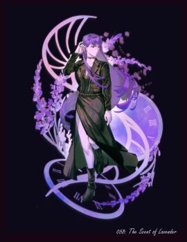 1girl adjusting_hair astruma2 black_dress black_jacket clock dark_background dress floral_background flower glasses highres jacket lavender_(flower) long_hair purple_hair red_eyes roman_numeral shizuhara_hiruko side_slit solo the_hundred_line_-last_defense_academy-