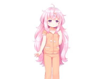 1girl ahoge blue_bow bow closed_mouth collarbone crossed_bangs feet_out_of_frame game_cg hair_bow hand_up harem_futago_lolita hood hood_down hoodie large_variant_set long_hair non-web_source orange_hoodie orange_pajamas orange_pants pajamas pants pink_eyes pink_hair pom_pom_(clothes) short_sleeves simple_background solo standing tomari_(harem_futago_lolita) transparent_background usashiro_mani variant_set