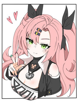 1girl absurdres bare_shoulders black_border black_ribbon blush border breasts cleavage closed_mouth clothing_cutout commentary_request cropped_torso cutoffs green_eyes hair_ornament hairclip hand_up heart heart_necklace highres jewelry large_breasts light_smile long_hair looking_at_viewer mole mole_on_breast mole_under_eye multicolored_nails necklace nicole_demara pink_hair ribbon shoulder_cutout simple_background solo strapless syumi4o tube_top two_side_up upper_body v-shaped_eyebrows w white_background white_tube_top zenless_zone_zero