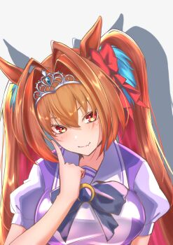 1girl absurdres animal_ears blush bow breasts brown_hair commentary daiwa_scarlet_(umamusume) danboru_(jdanboru1182) fang hair_between_eyes hair_intakes highres horse_ears horse_girl horseshoe_ornament large_breasts long_hair looking_at_viewer red_eyes school_uniform shirt skin_fang smile solo tiara tracen_school_uniform twintails umamusume very_long_hair