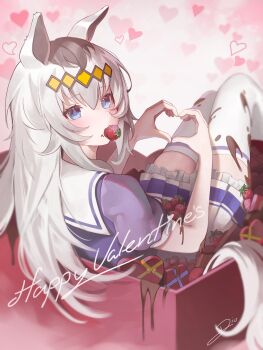 Rule 34 | 1girl, absurdres, animal ears, blue eyes, chocolate, commentary, dio dio, english commentary, food, food in mouth, fruit, hair between eyes, happy valentine, heart, heart hands, highres, horse ears, horse girl, horse tail, looking at viewer, oguri cap (umamusume), pleated skirt, purple shirt, sailor collar, school uniform, shirt, skirt, solo, strawberry, tail, thighhighs, tracen school uniform, umamusume, white hair, white sailor collar, white skirt, white thighhighs