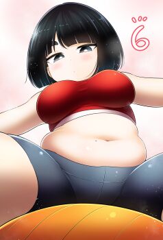 1girl absurdres ball big_mukimuki_&amp;_small_muchimuchi bike_shorts black_eyes black_hair black_shorts blush bob_cut breasts bright_pupils crop_top exercise_ball gym_shorts highres hinoharaf_(14310486) medium_breasts midriff mole mole_on_stomach muffin_top navel pink_background plump red_shirt shirt short_hair shorts sitting sleeveless sleeveless_shirt solo spread_legs thick_thighs thighs tight_clothes white_pupils