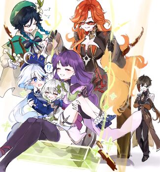 2boys 4girls ahoge armor black_gloves black_pants black_suit black_thighhighs blue_eyes blue_hair blue_hat blue_jacket blunt_bangs braid breasts bridal_gauntlets brown_coat brown_hair capelet carrying chinese_clothes cleavage clenched_teeth closed_eyes closed_mouth clothing_cutout coat collared_jacket commentary_request crossed_arms detached_collar dress floating formal_clothes frilled_sleeves frills furina_(genshin_impact) genshin_impact gloves gradient_hair green_capelet green_hat hair_between_eyes hair_ornament hands_up happy hat highres holding huge_ahoge instrument jacket japanese_clothes kimono large_breasts leaning_forward light_blue_hair light_blush light_smile long_hair long_sleeves looking_to_the_side mavuika_(genshin_impact) mole mole_under_eye multicolored_hair multiple_boys multiple_girls musical_note nahida_(genshin_impact) off_shoulder on_swing open_mouth pants parted_bangs princess_carry purple_hair purple_kimono raiden_shogun red_hair shadow shinoo0915 short_hair shoulder_armor shoulder_cutout side_ponytail simple_background single_braid sitting smile standing suit sunglasses swing swinging teeth thighhighs thighs top_hat venti_(genshin_impact) wavy_hair white_background white_hair wide_sleeves zhongli_(genshin_impact)