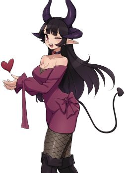 Rule 34 | 1girl, bare shoulders, black choker, black hair, black pantyhose, breasts, choker, cleavage, commentary, commission, cowboy shot, demon girl, demon horns, demon tail, dress, english commentary, fishnet pantyhose, fishnets, from side, heart, heart choker, highres, horns, large breasts, long hair, looking at viewer, multiple horns, one eye closed, oninuer, open mouth, original, pantyhose, pointy ears, purple dress, red eyes, simple background, smile, solo, tail, white background