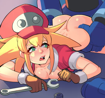 1boy 1girl absurdres ass bent_over big_hair blonde_hair blush bottomless breasts brown_gloves cleavage clothed_sex commentary deep_skin dimples_of_venus doggystyle downblouse english_commentary gloves grabbing_another&#039;s_ass green_eyes greenmarine groping hat head_out_of_frame hetero highres lips looking_back mechanic medium_breasts mega_man_(series) mega_man_legends_(series) mega_man_volnutt nose_blush red_headwear roll_caskett_(mega_man) sex sex_from_behind sidelocks sleeves_rolled_up solo_focus sweat teeth upper_teeth_only wrench