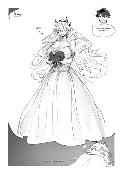 1boy 1girl absurdres barghest_(fate) bed blush breasts cleavage commentary commission dress english_text fate/grand_order fate_(series) fujimaru_ritsuka_(male) greyscale highres horns huge_breasts imagining long_hair monochrome obazzotto wedding_dress