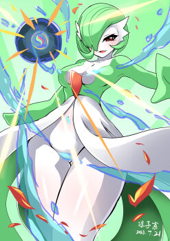 1girl absurdres arm_at_side arm_up artist_name blush bob_cut breasts censored_nipples collarbone colored_skin convenient_censoring covered_erect_nipples cowboy_shot dated female_focus gardevoir gen_3_pokemon gluteal_fold green_background green_hair green_skin groin hair_over_one_eye happy highres huangchengshuangji looking_at_viewer medium_breasts mega_evolution mega_stone multicolored_skin navel nintendo one_eye_covered open_mouth pokemon pokemon_(creature) red_eyes shiny_skin short_hair signature smile solo standing stomach thick_thighs thighs two-tone_skin white_skin wide_hips