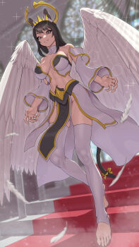 1girl angel angel_wings animal_ears arms_at_sides black_hair black_loincloth blurry blurry_background breasts breasts_apart brown_eyes cat_ears cat_tail church claw_pose commentary dust english_commentary feathered_wings feathers feet highres indoors large_breasts loincloth long_bangs long_eyelashes long_hair long_toenails looking_at_viewer lyoung0j midriff navel no_pants original puffy_sleeves revealing_clothes ribbon skindentation skirt smile solo stained_glass stairs stirrup_legwear tail tail_ornament tail_ribbon thick_thighs thighhighs thighs toeless_legwear toenails toes toned toned_female white_feathers white_skirt white_thighhighs wings yellow_ribbon