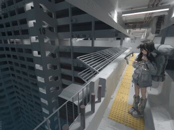 Rule 34 | 1girl, airfish (lefko d), architecture, backpack, bag, black eyes, black hair, condenser unit, full body, highres, industrial pipe, looking at screen, original, railing, stairs, standing, wide shot