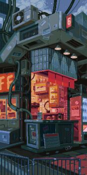 air_conditioner air_duct animated animated_gif blue_sky bottle building cable cafe ceiling_light city cloud coffee_maker commentary cup display_case english_commentary evening grate highres industrial_pipe jar no_humans original outdoors pixel_art portable_barricade scenery sewer_grate sidewalk sign sky star_(sky) string_of_flags vending_machine waneella window