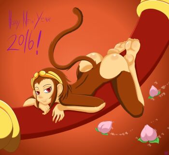 10s 1girl 2016 ass barefoot blush brown_hair capcom feet female_focus highres hsk looking_at_viewer lying marvel_vs._capcom marvel_vs._capcom_2 monkey monkey_girl nude on_stomach pole red_eyes shiny_skin short_hair smile soles solo sonson staff tail tiara toes
