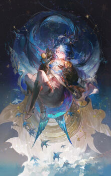 1girl absurdres arknights astgenne_(arknights) astgenne_the_lightchaser_(arknights) bird black_jacket blue_bird blue_eyes blue_hair bright_pupils brown_dress commentary compass constellation daylightallure diamond-shaped_pupils diamond_(shape) dress feather_trim floating gloves goggles highres infection_monitor_(arknights) jacket levitation long_hair long_sleeves official_alternate_costume pink_pupils ponytail satellite sky solo star_(sky) starry_sky starry_sky_background symbol-only_commentary symbol-shaped_pupils unworn_goggles white_pupils