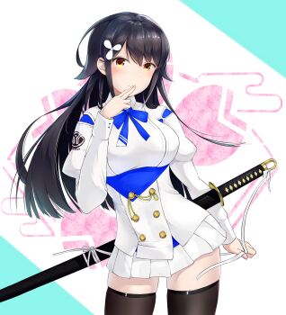 1girl animal_ears azur_lane black_hair black_thighhighs blue_bow blue_bowtie blush bow bowtie breasts buttons choukai_(azur_lane) dog_ears double-breasted extra_ears floppy_ears green_background hair_between_eyes hair_flaps hair_ornament highres katana kurumiiii large_breasts long_hair long_sleeves looking_at_viewer pillow pillow_grab pleated_skirt ribbon sakura_empire_(emblem) sheath sheathed shirt skirt solo sword thighhighs weapon white_background white_bow white_ribbon yellow_eyes