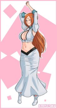 Rule 34 | 1girl, 2024, arms up, artist name, bleach, bleach: sennen kessen-hen, border, breasts, brown eyes, cleavage, cleavage cutout, clothing cutout, commentary, commission, detached sleeves, english commentary, full body, hair ornament, inoue orihime, juliet sleeves, kirby otaku, large breasts, long hair, long skirt, long sleeves, looking at viewer, navel, orange hair, parted bangs, pink border, puffy sleeves, shirt, shoes, shun shun rikka, skirt, sleeveless, sleeveless shirt, smile, snowflake hair ornament, solo, standing, stretching, very long hair, white background, white shirt, white shoes, white skirt