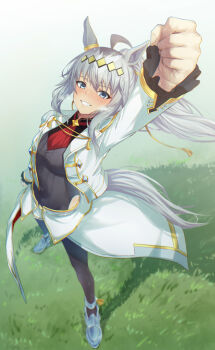 Rule 34 | 1girl, ahoge, animal ears, arm up, beruu, black leotard, black pantyhose, brooch, clothing cutout, commentary request, cropped jacket, ear ornament, gold trim, grey hair, grey tail, hairband, highres, hip vent, horse ears, horse girl, horse tail, jacket, jewelry, leotard, leotard under clothes, long hair, long sleeves, looking at viewer, multicolored hair, necktie, oguri cap (cinderella gray) (umamusume), oguri cap (umamusume), open clothes, open jacket, overskirt, pantyhose, pantyhose under shorts, ponytail, red necktie, short shorts, shorts, smile, solo, standing, star brooch, streaked hair, tail, umamusume, umamusume: cinderella gray, white jacket, white shorts