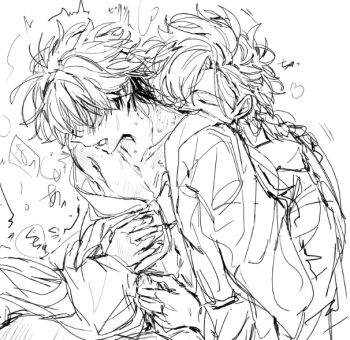 2boys anal bathrobe bite_mark biting blush body_blush braid braided_ponytail breath closed_eyes collarbone commentary_request greyscale hickey hug hug_from_behind implied_sex long_hair male_focus messy_hair monochrome multicolored_hair multiple_boys neck_biting off_shoulder open_clothes open_mouth open_robe pectorals reverse_upright_straddle robe saliva sex sex_from_behind shiguang_dailiren short_hair simple_background single_bare_shoulder single_braid sitting sitting_on_lap sitting_on_person sketch sorry_okk speech_bubble sweat trembling two-tone_hair white_background xia_fei xiao_weiying yaoi