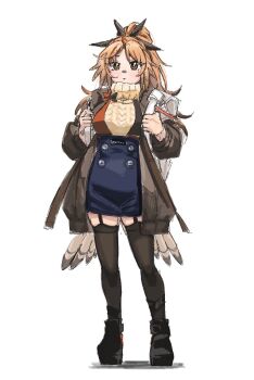Rule 34 | 1girl, aran sweater, arknights, backpack, bag, bird girl, bird tail, black thighhighs, blush, brown eyes, cable knit, commentary request, feather hair, feather hair ornament, feathers, garter straps, hair ornament, jacket, long hair, long sleeves, looking at viewer, mattun 8230, mole, mole under eye, orange hair, orange pupils, pinecone (arknights), ponytail, simple background, skirt, solo, sweater, tail, thighhighs, turtleneck, white background, zettai ryouiki