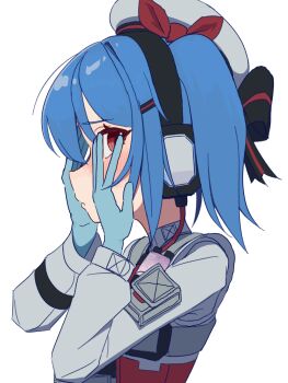 1girl beret blue_gloves blue_hair colphne_(girls'_frontline_2) commentary_request from_side girls'_frontline girls'_frontline_2:_exilium gloves hands_on_own_face hat hat_ribbon headphones highres long_sleeves looking_at_viewer red_eyes red_ribbon ribbon simple_background solo twintails upper_body white_background white_hat yuge_99
