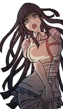 1girl :o apron bandaged_arm bandaged_leg bandages black_hair breasts collared_shirt cowboy_shot danganronpa_(series) danganronpa_2:_goodbye_despair highres jobutsu large_breasts long_hair miniskirt mole mole_under_eye pink_shirt pleated_skirt puffy_short_sleeves puffy_sleeves shirt short_sleeves simple_background skirt solo teeth tsumiki_mikan upper_teeth_only white_apron white_background white_shirt