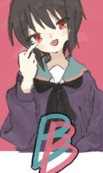Rule 34 | 1girl, a channel, akanbe, black hair, black neckerchief, blush, closed mouth, eyelid pull, funao oekaki, green sailor collar, hand up, head tilt, ichii tooru, long sleeves, looking at viewer, middle finger, neckerchief, pink background, purple shirt, red eyes, sailor collar, school uniform, serafuku, shirt, short hair, simple background, solo, tongue, tongue out, upper body