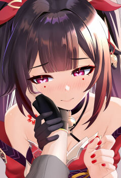 Rule 34 | 1boy, 1girl, absurdres, bare shoulders, bell, black gloves, blush, breasts, brown hair, caelus (honkai: star rail), cleavage, closed mouth, commentary, fangai-anmian, feet out of frame, fingerless gloves, fingernails, gloves, hand on another's cheek, hand on another's face, hand up, highres, honkai: star rail, honkai (series), jingle bell, multicolored hair, nail polish, neck bell, o-ring, red eyes, red hair, red nails, single glove, solo focus, sparkle (honkai: star rail), trailblazer (honkai: star rail)