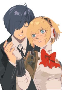 1boy 1girl aigis_(persona) android black_jacket black_ribbon blonde_hair blue_eyes blue_hair blush bow bowtie breasts closed_eyes collared_shirt crossed_bangs doll_joints gekkoukan_high_school_uniform gloves hair_between_eyes hair_over_one_eye hairband hashtag-only_commentary hetero hideyo746 highres holding_hands jacket joints medium_breasts neck_ribbon parted_lips persona persona_3 red_bow red_bowtie ribbon school_uniform shirt short_hair smile tears upper_body white_gloves white_shirt yuuki_makoto_(persona_3)